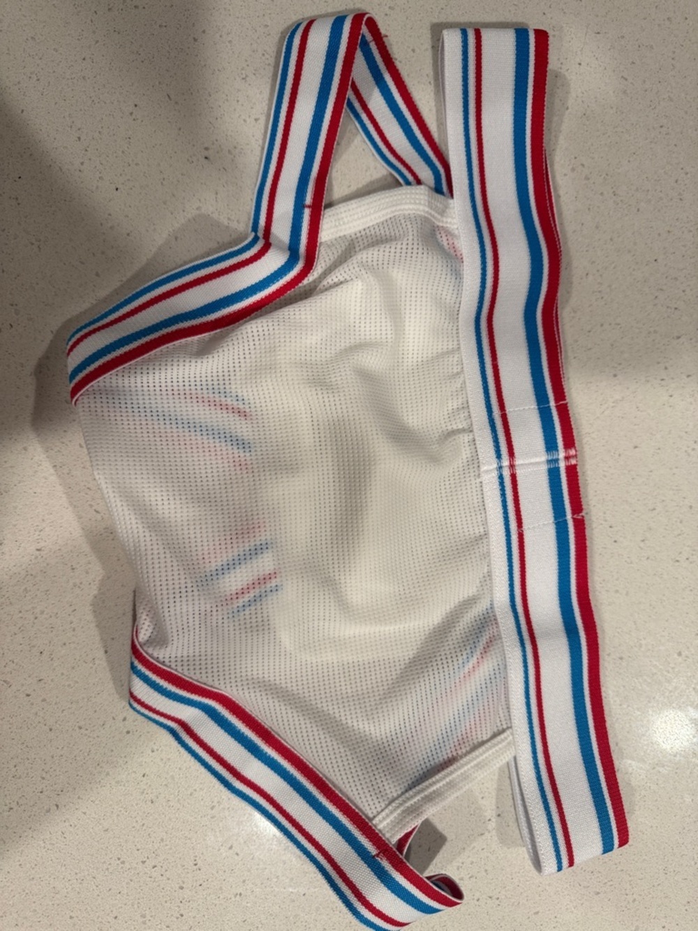 White Mesh Athletic Jockstrap with Red & Blue Striped Waistband - Picture 2 of 3